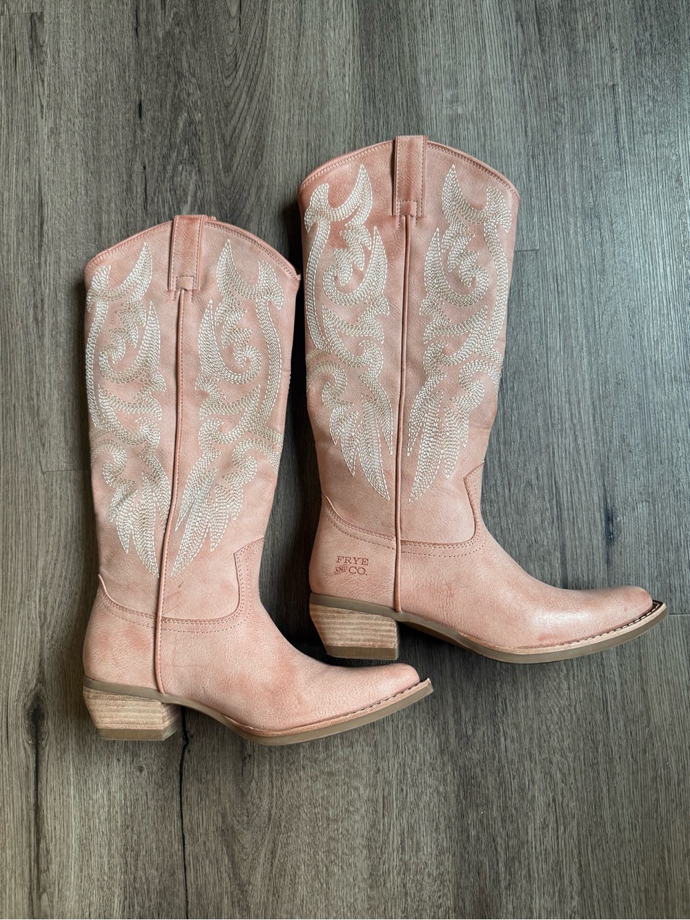 Frye Blush Pink Embroidered Western Knee Boots